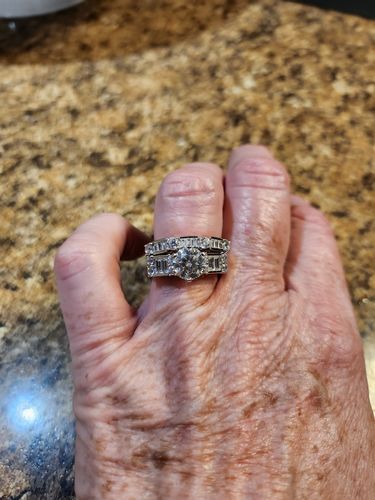 Customer photo review of Round Moissanite Emerald-Cut Side Stone Engagement Ring