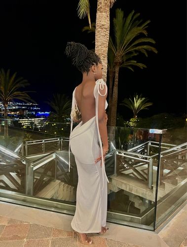 Customer photo review of Belle White Backless Maxi Dress