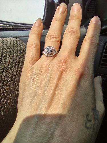 Customer photo review of Two Tone Halo Cushion Moissanite Split Shank Pave Engagement Ring