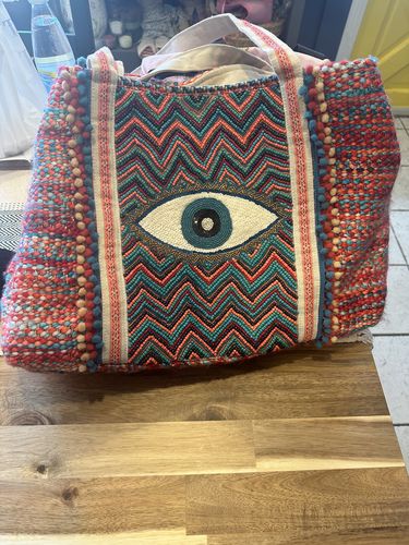 Customer photo review of Evil Eye Good Luck Hand Beaded Orange and Blue Tote Bag