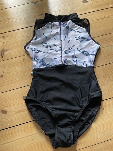 Customer photo review of Women's Tuscany Half Zip Leotard - Black with Camufish Print