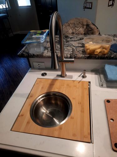 Customer photo review of Workstation Sink Accessory - 18" Bamboo Cutting Board with 11" Stainless Steel Colander and Mixing Bowl (LCB18-MIX-11)