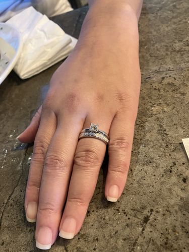 Customer photo review of Channel Set Princess Moissanite Half Eternity Wedding Band Ring In Sterling Silver