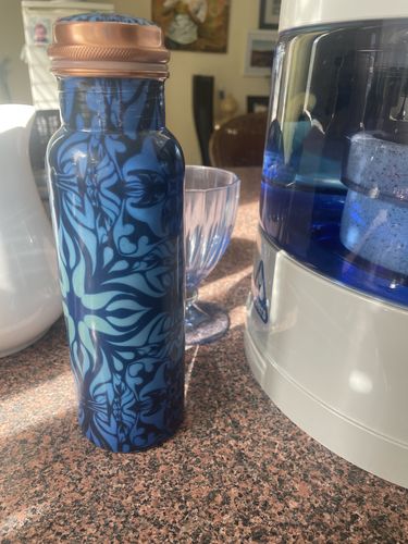 Customer photo review of Sky Blue Meena Print Copper Water Bottle