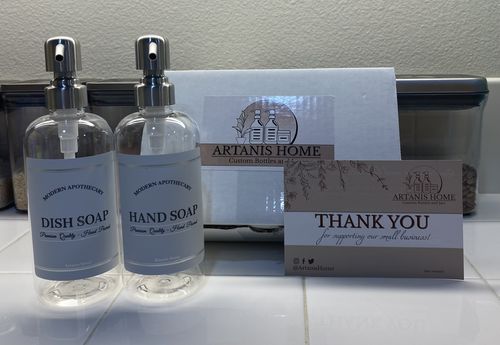 Customer photo review of Clear "Modern Apothecary" Hand Soap, Dish Soap PET Plastic Bottle Duo