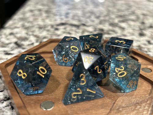 Customer photo review of Dark Blue Lightning Glass DnD D&D Dice Set
