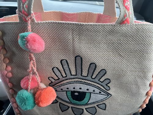 Customer photo review of Bling Eye Tote - Pink And Teal Hand Beaded Evil Eye Tote