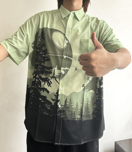 Customer photo review of Green Mysterious Technology Base Deep In The Forest Printing Breast Pocket Short Sleeve Shirt