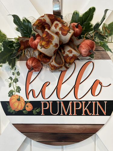 Customer photo review of Wreath Sign, Fall - Hello Pumpkin 18" Wood Round Sign DECOE-209, DecoExchange, Sign For Wreaths