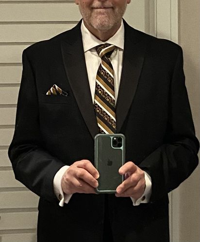 Customer photo review of Black Gold Striped Floral Silk Tie Handkerchief Cufflinks Set