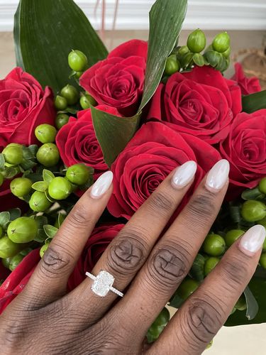 Customer photo review of 3 Carats Lab Grown Elongated Cushion Cut Micropaved Side Stones Hidden Halo Diamond Engagement Ring