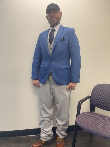 Customer photo review of Classic Blue Plaid Tie Set Tie Pocket Square Cufflinks Set