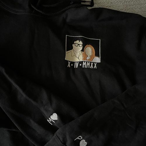 Customer photo review of Custom Embroidered Sweatshirts For Couples, Custom Embroidered Portrait Photo Roman Numeral Date, Matching Couple Embroidered Sweatshirt Hoodie