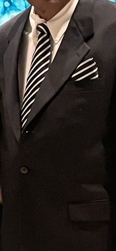 Customer photo review of New Black White Striped Silk Tie Hanky Cufflinks Set