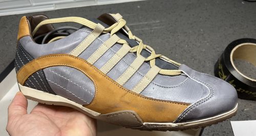 Customer photo review of Men's GrandPrix Sneaker in Beach Club (Faded Navy and Brown)