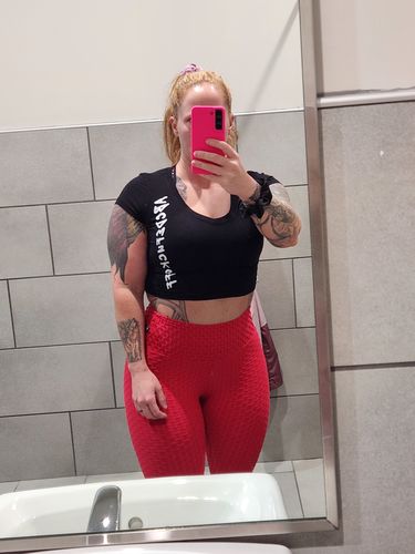 Customer photo review of Salty Savage Ladies "ABC" Cropped V-Neck Tee | Black