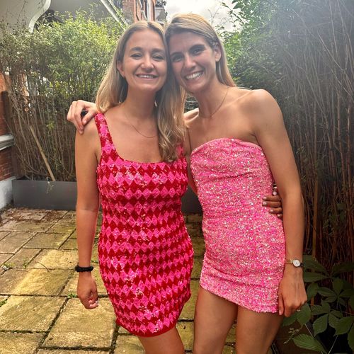 Customer photo review of RENT River Island Pink Check Sequin Mini Dress (RRP £90)