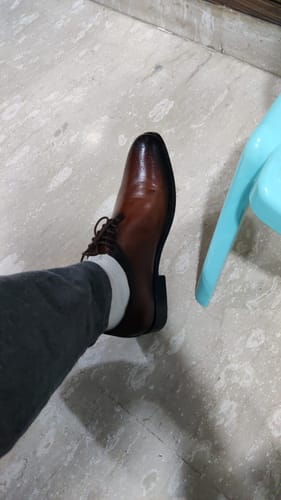 Customer photo review of Handpainted Dark Cuir Black Two Tone Leather Wholecut Derby Shoe