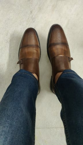 Customer photo review of Wood Finish Cognac Toe Design Leather Double Monk Strap Shoe