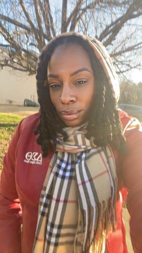 Customer photo review of PU Leather Embroidered Delta Jacket (Crimson)