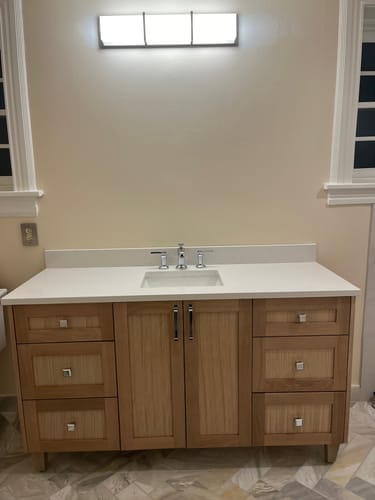 Customer photo review of Bridgeport 60" White Oak Bathroom Vanity, Double Sink