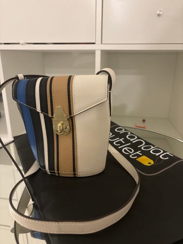 Customer photo review of Calvin Klein Lock Small Leather Bucket Bag (Navy/Multicolor)