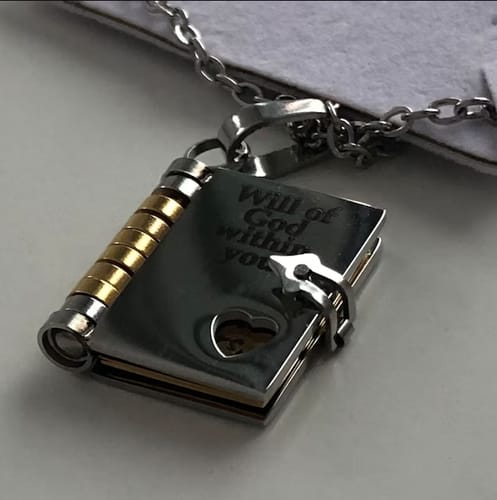 Customer photo review of Custom Book Necklace, Any Message Inside