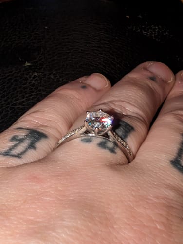 Customer photo review of Round Moissanite Six Prong Side Stones Promise Engagement Ring