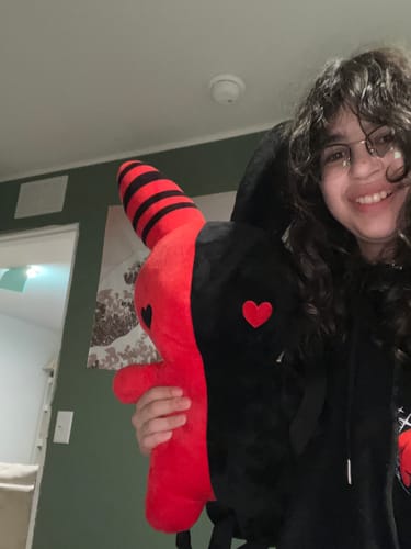 Customer photo review of Bunny Plush Backpack 20" (RED/BLACK)