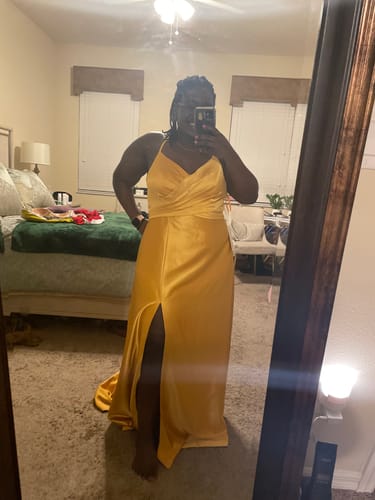 Customer photo review of Elegant A-line Spaghetti Straps Long Soft Satin Bridesmaid Dresses With Slit