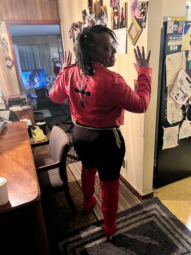 Customer photo review of Ankh Galaxy Red Cropped Biker Jacket