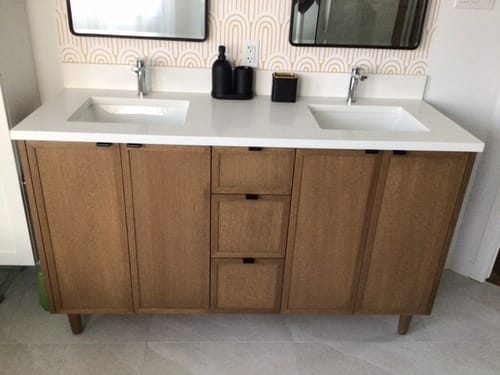 Customer photo review of Cape Breton 60" Mid Century Oak Bathroom Vanity, Double Sink