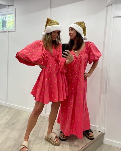 Customer photo review of Valentine's Day Gold Heart Print Puff Sleeve Button Pocketed Loose Maxi Dress