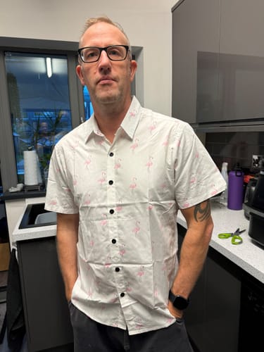 Customer photo review of Men's Tropical Flamingo Animal Button Up Casual Hawaiian Holiday Short Sleeve Shirt