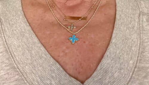 Customer photo review of Cross Drop Necklace in Turquoise/Gold