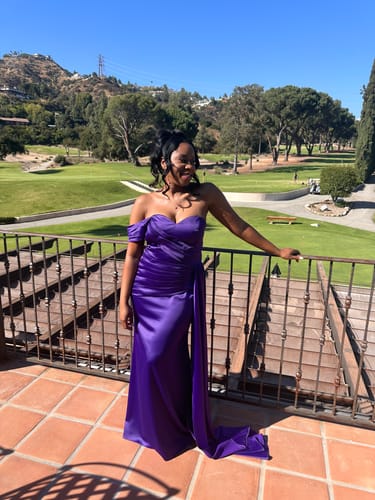 Customer photo review of Sexy One Shoulder Sleeveless Mermaid Soft Satin Long Matron of Honor Dress For Wedding
