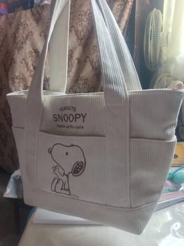 Customer photo review of Peanuts Snoopy Corduroy Tote Bag - I Woke Up This Cute (4 Colors)