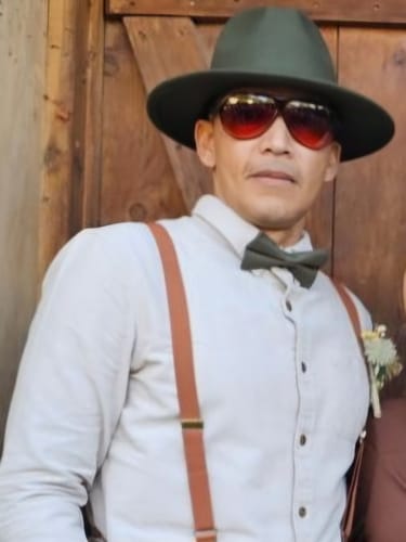 Customer photo review of Olive Bow Tie & Cognac Buckle Suspenders Set