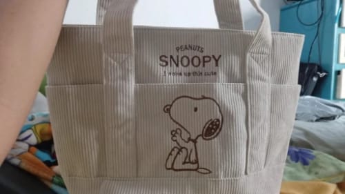 Customer photo review of Peanuts Snoopy Corduroy Tote Bag - I Woke Up This Cute (4 Colors)