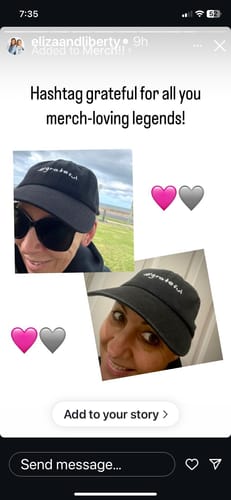 Customer photo review of Eliza and Liberty collab Caps.