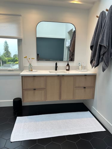 Customer photo review of Cape Breton 60" Wall Mount White Oak Bathroom Vanity