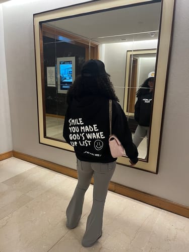 Customer photo review of "SMILE" Premium Puff Hoodie | Black & White