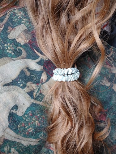 Customer photo review of Pistachio & Pearl Polka Dot Silk Skinny Scrunchie Set (4 pc)