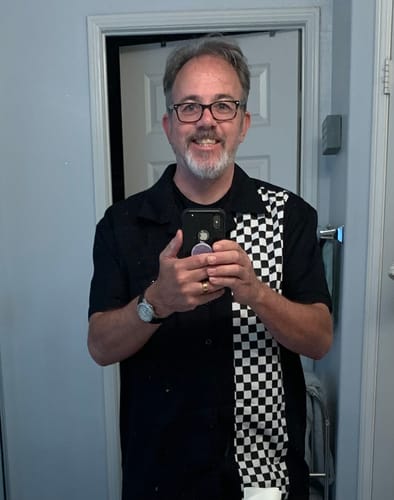 Customer photo review of Men's Camp 50's Cotton Pocket Bowling Checkerboard Black and White Checkered Flag Short Sleeve Shirt