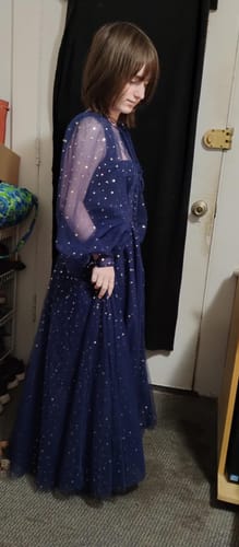 Customer photo review of Long Sleeves Illusion Corset Dark Navy Dress with Slit
