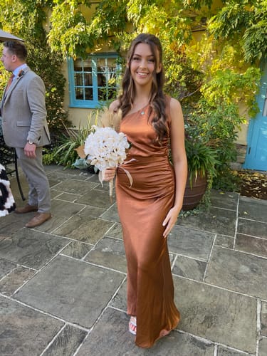 Customer photo review of Twist Back Satin Bridesmaid Dress - Rust