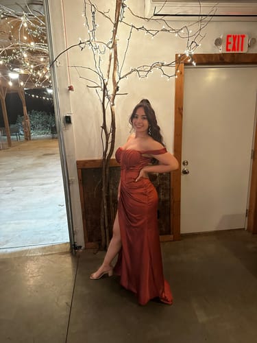 Customer photo review of Sexy Off Shoulder Side Slit Mermaid Soft Satin Long Matron of Honor Dress For Wedding
