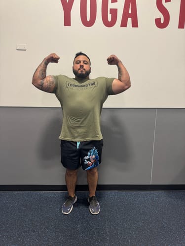 Customer photo review of Iron Addicts "I Command You To Grow" Gym Clothing Tee Shirt in Military Green