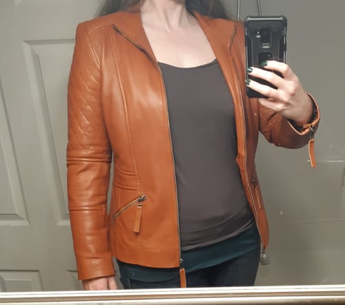 Customer photo review of English tan leather jacket with quilted patches- PRE MADE CLEARANCE