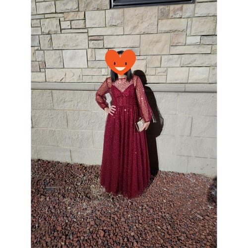 Customer photo review of Corset Long Sleeves O Neck Sequin Burgundy Dress with Slit